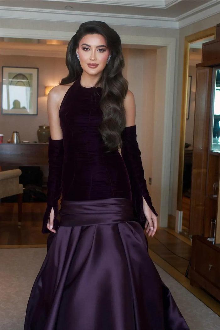 Deep Purple Velvet Halter Long Sleeves Evening Dress SF168 Sheer Fairy