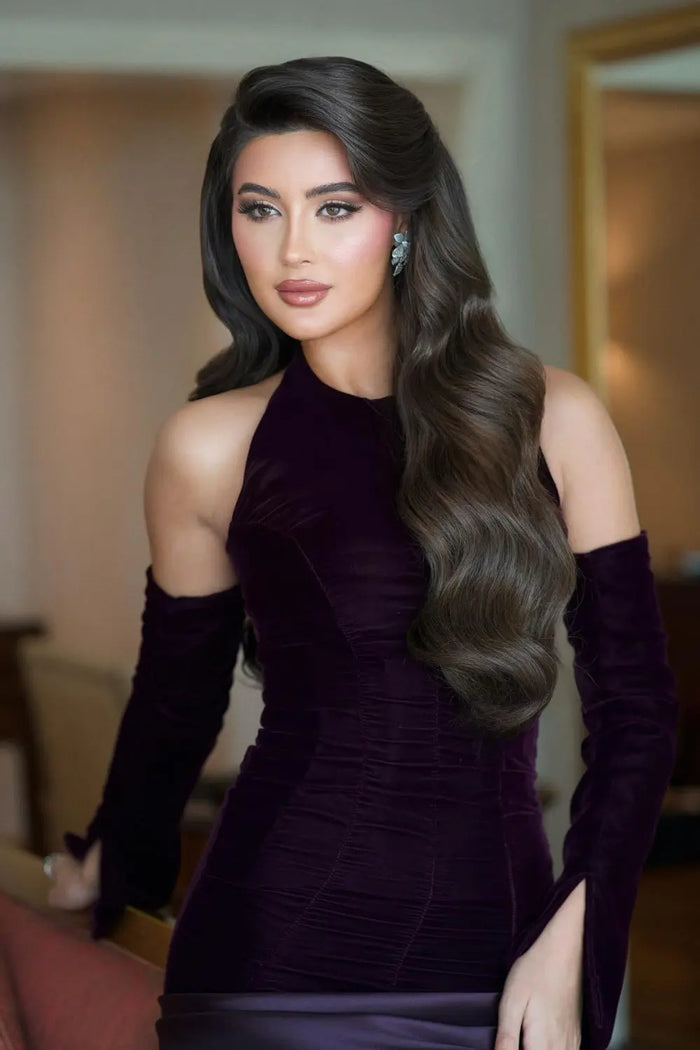 Deep Purple Velvet Halter Long Sleeves Evening Dress SF168 Sheer Fairy