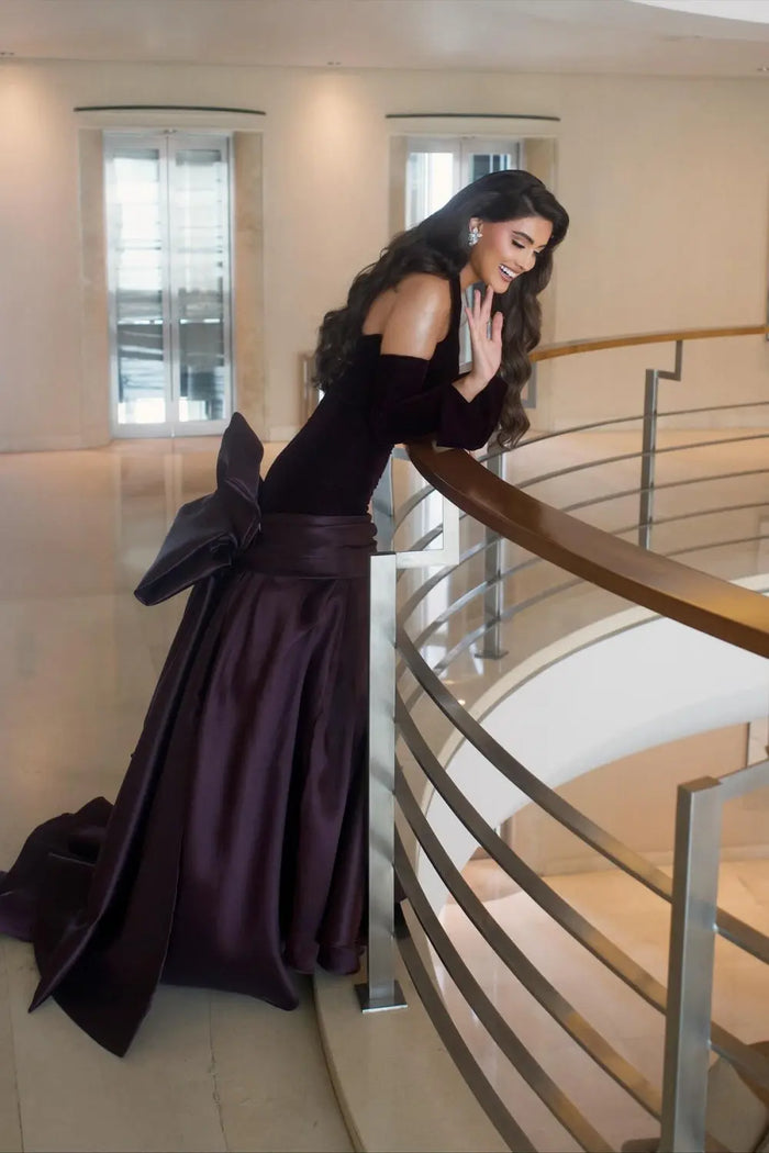 Deep Purple Velvet Halter Long Sleeves Evening Dress SF168 Sheer Fairy