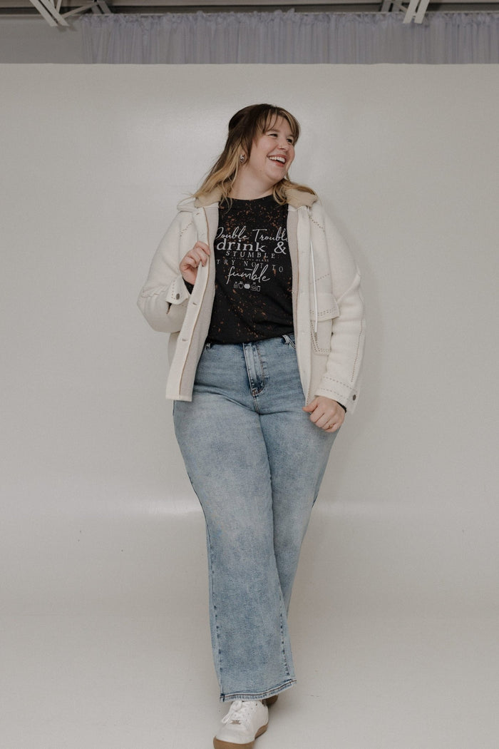 "DOUBLE TROUBLE DRINK AND STUMBLE CLINK THE GLASS TRY NOT TO STUMBLE" GRAPHIC TEE - Love Marlow