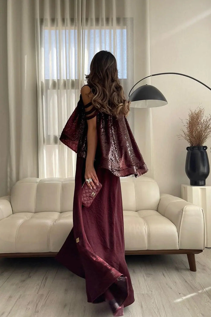 Elegant Burgundy Satin Sequined Cape Evening Dress SF418 Sheer Fairy