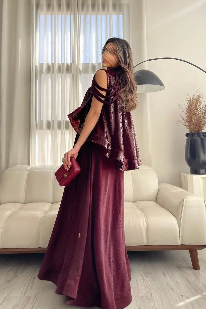 Elegant Burgundy Satin Sequined Cape Evening Dress SF418 Sheer Fairy