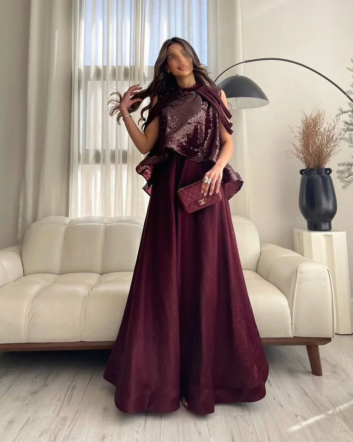 Elegant Burgundy Satin Sequined Cape Evening Dress SF418 Sheer Fairy