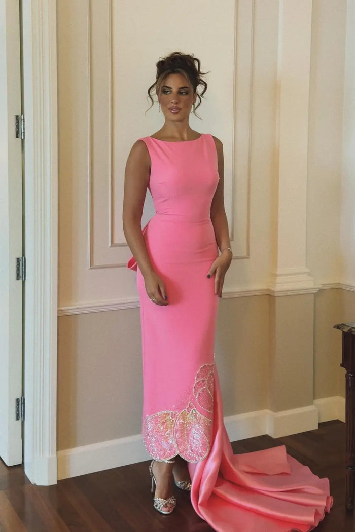 Elegant Coral Pink Butterfly Beaded Evening Dress SS471 Sheer Fairy