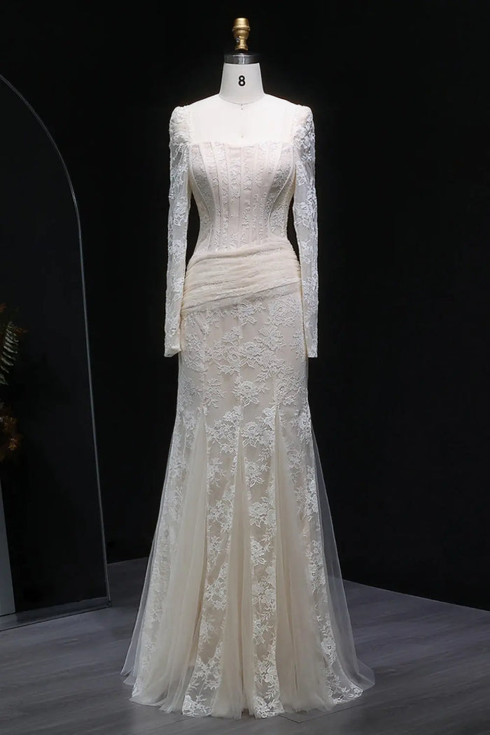 Elegant Lace Square Neck Mermaid Long Sleeves Evening Dress SF252 Sheer Fairy