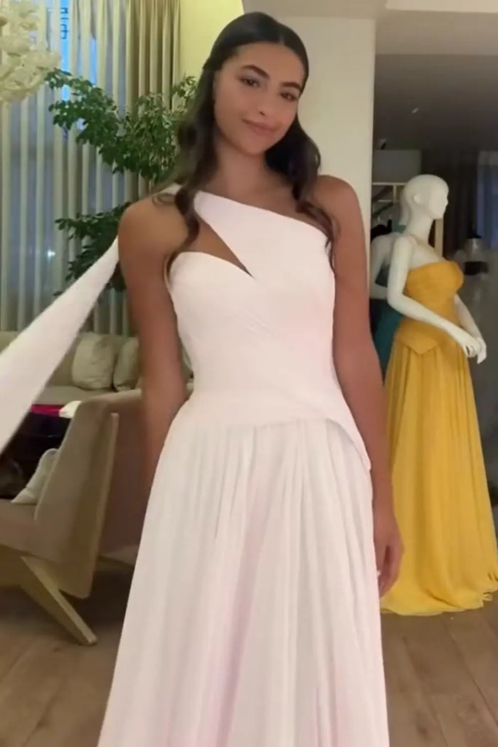Elegant Light Pink One Shoulder Chiffon Evening Dress Gown SF052 Sheer Fairy