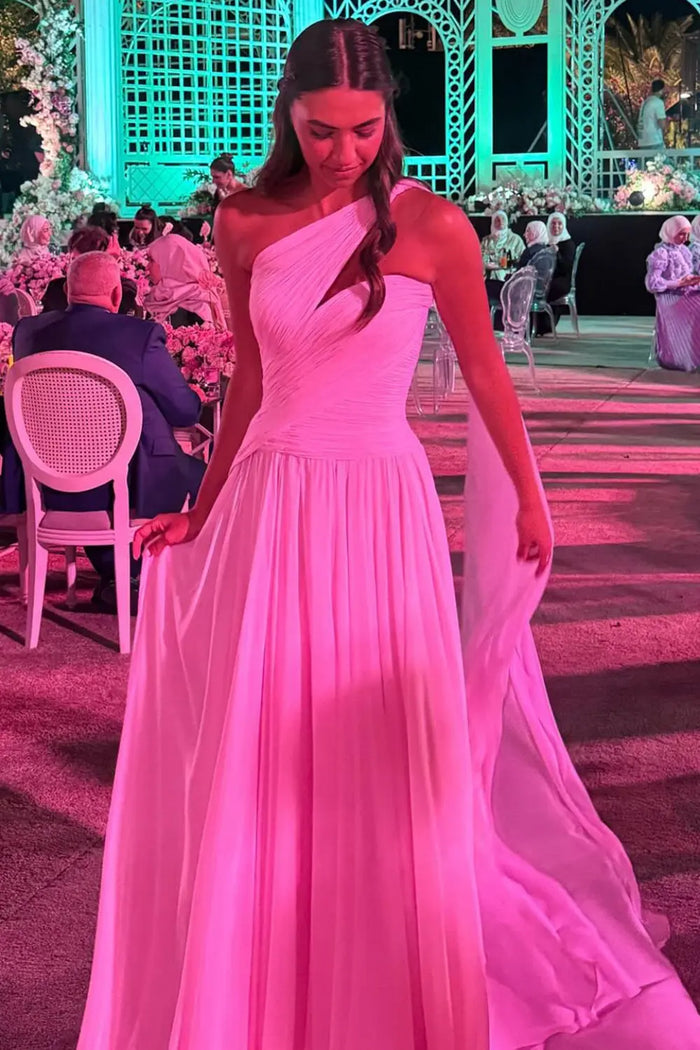Elegant Light Pink One Shoulder Chiffon Evening Dress Gown SF052 Sheer Fairy