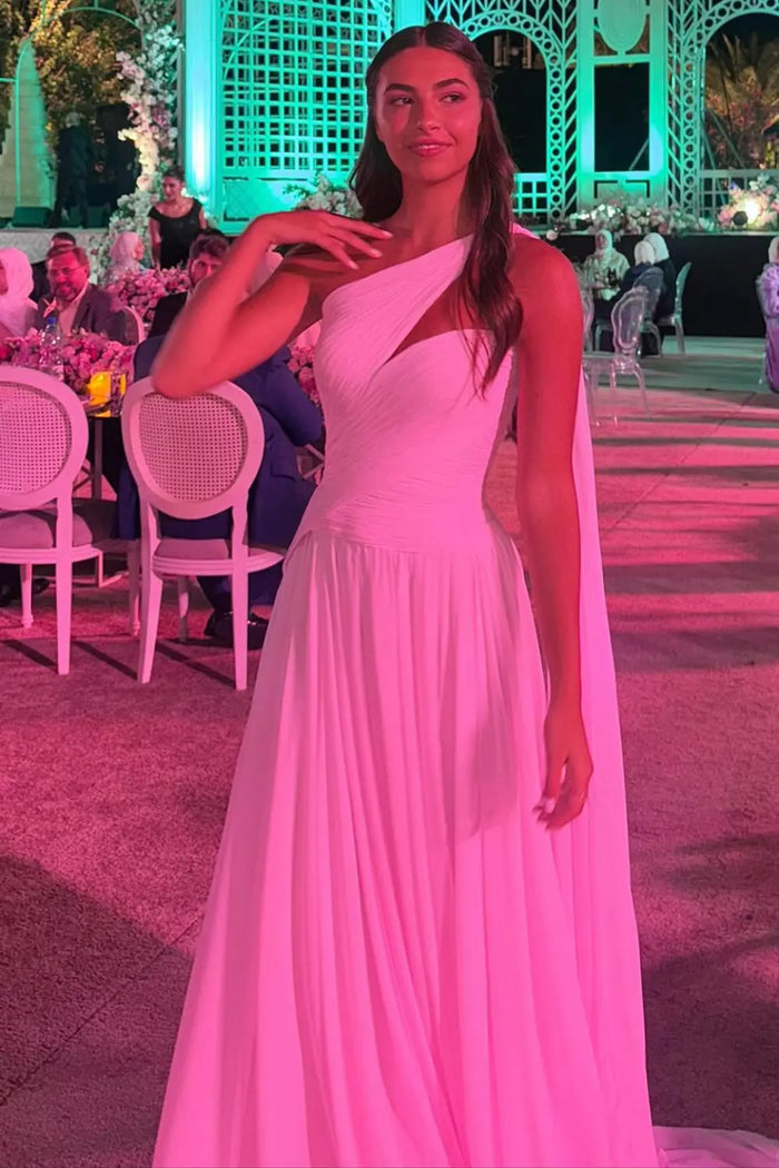 Elegant Light Pink One Shoulder Chiffon Evening Dress Gown SF052 Sheer Fairy