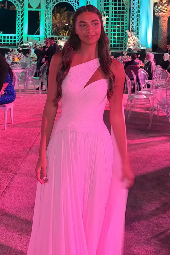 Elegant Light Pink One Shoulder Chiffon Evening Dress Gown SF052 Sheer Fairy
