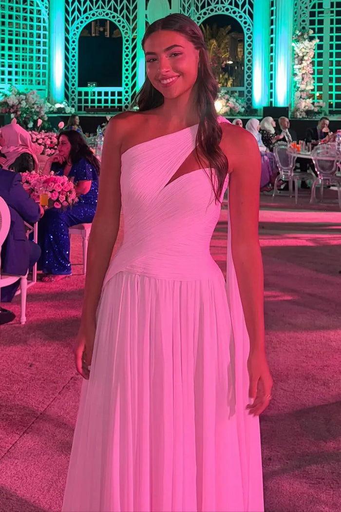 Elegant Light Pink One Shoulder Chiffon Evening Dress Gown SF052 Sheer Fairy