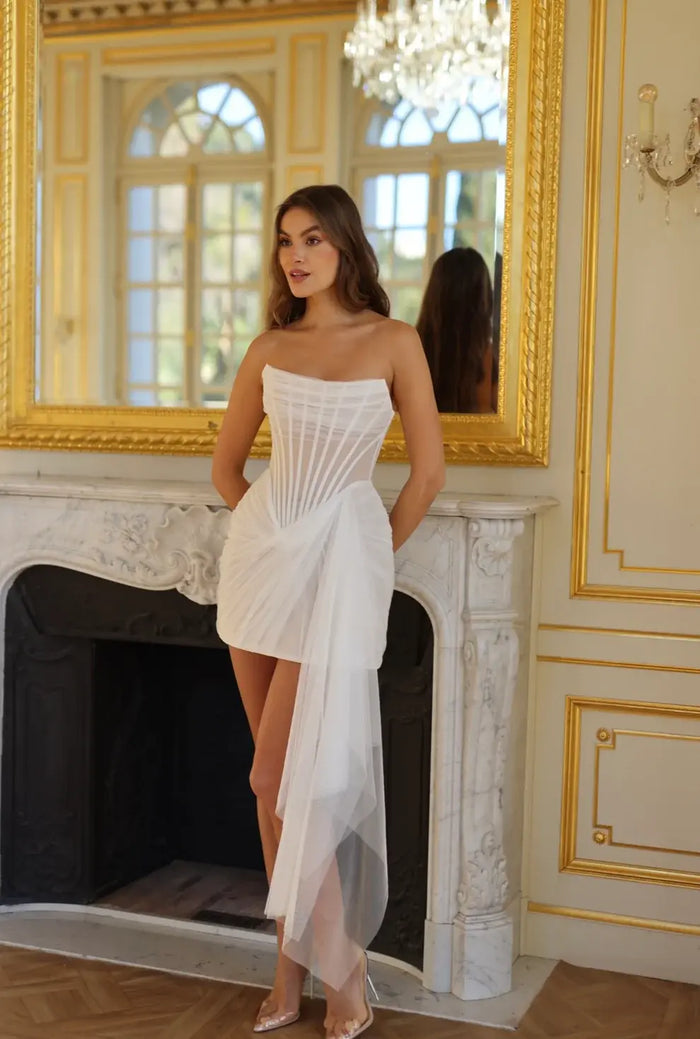 Elegant Mini Short Drop Waist Wedding Dress with Overskirt SW109 - SHEER FAIRY