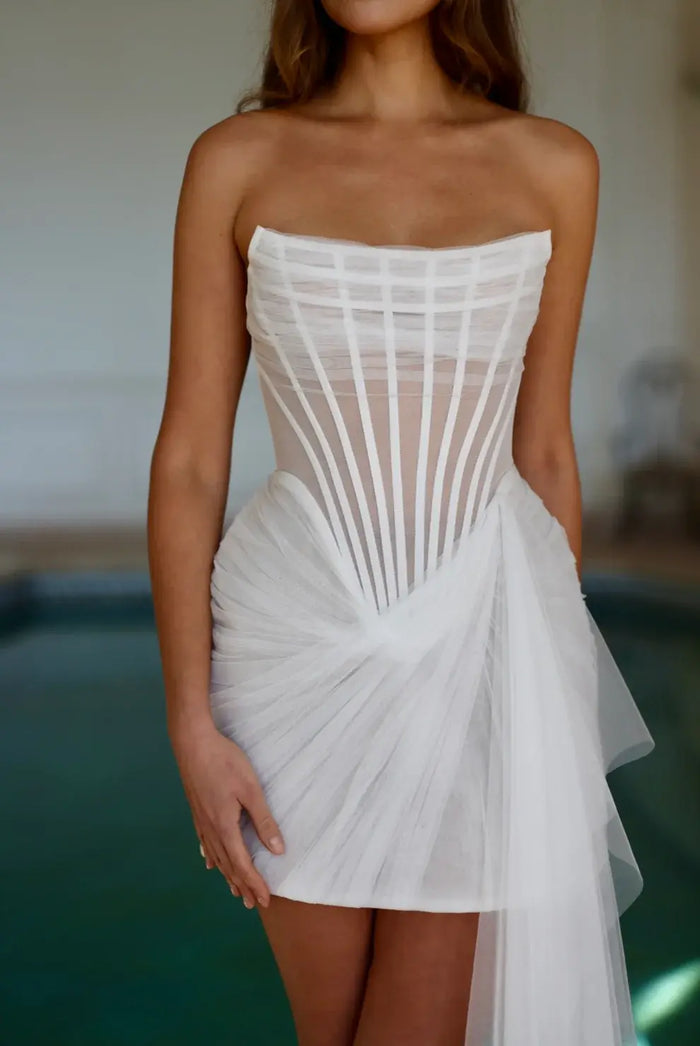 Elegant Mini Short Drop Waist Wedding Dress with Overskirt SW109 - SHEER FAIRY