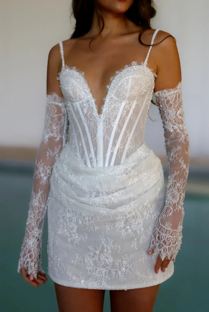 Elegant Romantic Lace Corset Mini Wedding Dress with Gloves SW088 - SHEER FAIRY