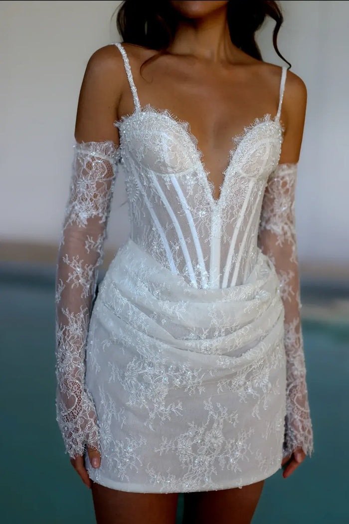 Elegant Romantic Lace Corset Mini Wedding Dress with Gloves SW088 - SHEER FAIRY
