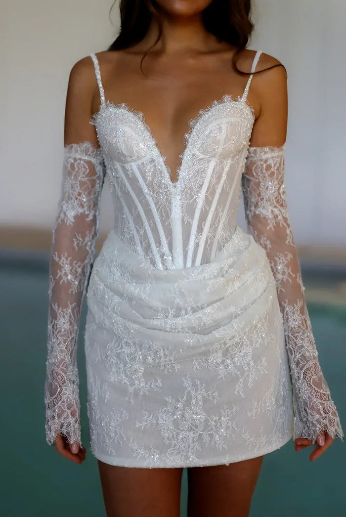 Elegant Romantic Lace Corset Mini Wedding Dress with Gloves SW088 - SHEER FAIRY