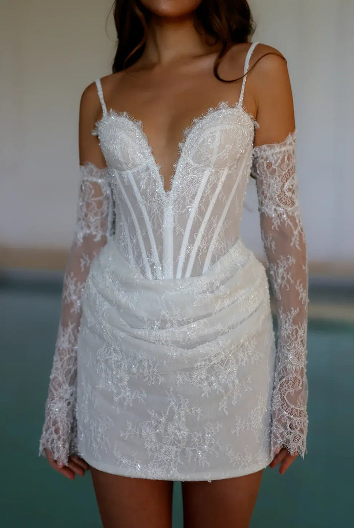 Elegant Romantic Lace Corset Mini Wedding Dress with Gloves SW088 - SHEER FAIRY
