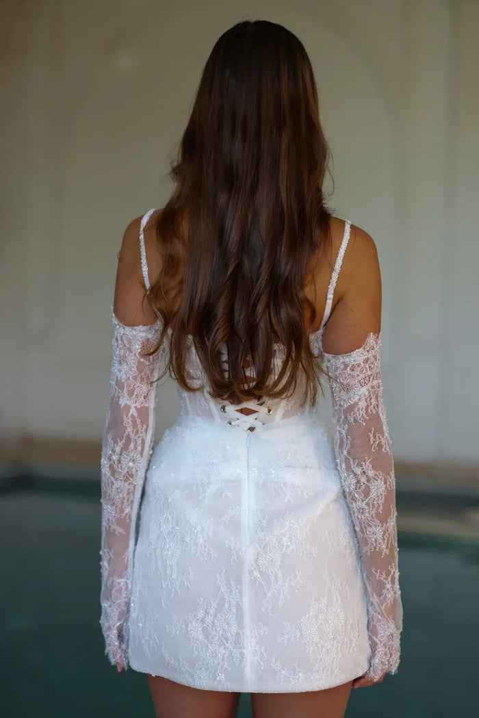 Elegant Romantic Lace Corset Mini Wedding Dress with Gloves SW088 - SHEER FAIRY