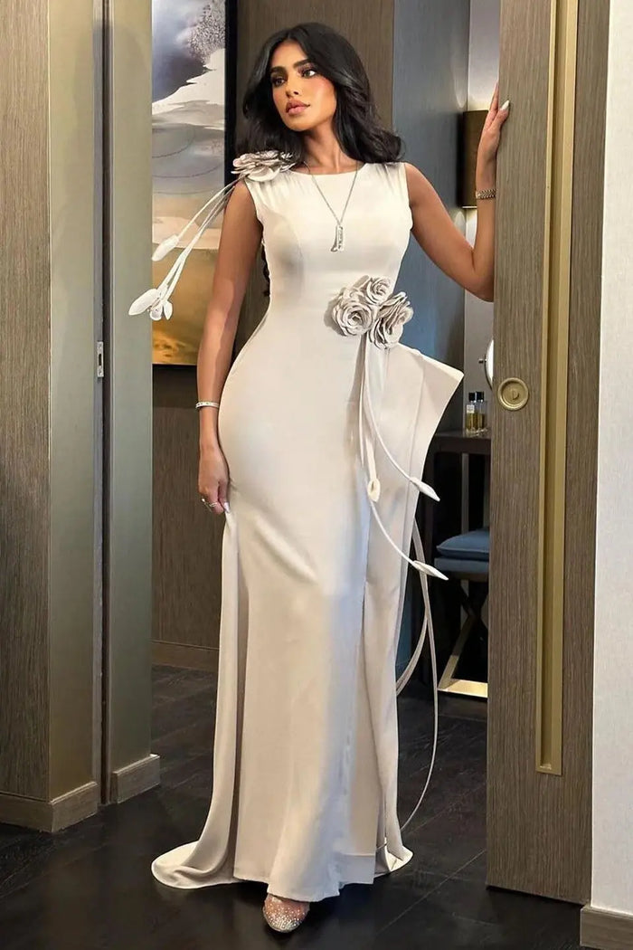 Elegant Satin Sheath Asymmetric Draped Details Evening Dress SF417 Sheer Fairy