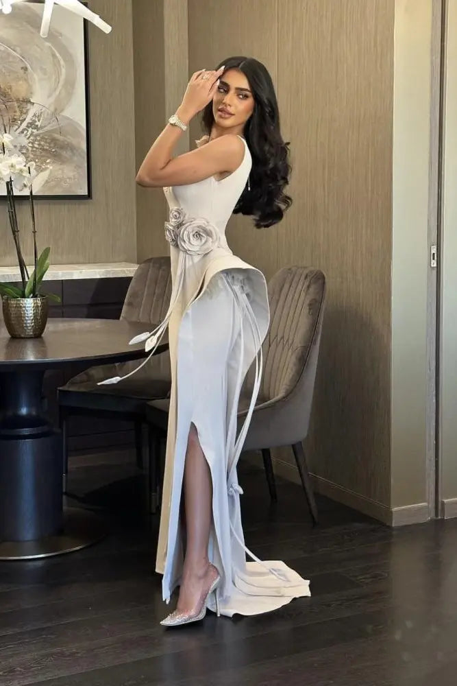 Elegant Satin Sheath Asymmetric Draped Details Evening Dress SF417 Sheer Fairy