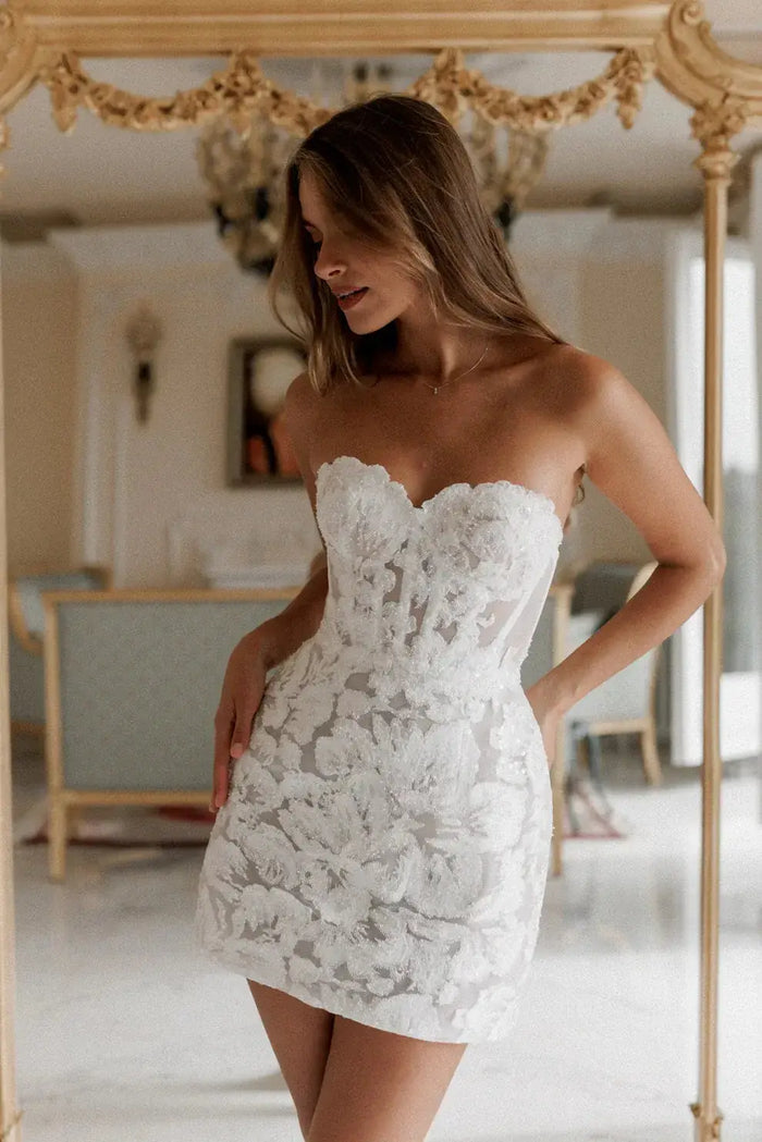Elegant Strapless Floral Lace Mini Bridal Dress SW098 - SHEER FAIRY