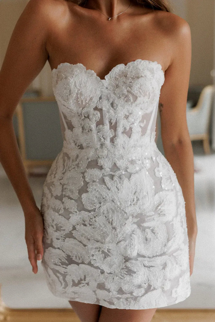 Elegant Strapless Floral Lace Mini Bridal Dress SW098 - SHEER FAIRY