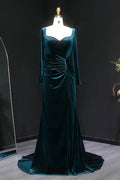 Emerald Green Velvet Sheath Evening Dress with Side Slit SF507 Sheer Fairy