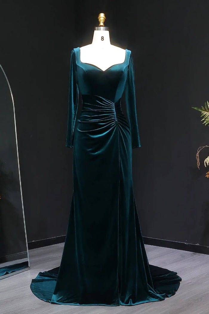 Emerald Green Velvet Sheath Evening Dress with Side Slit SF507 Sheer Fairy