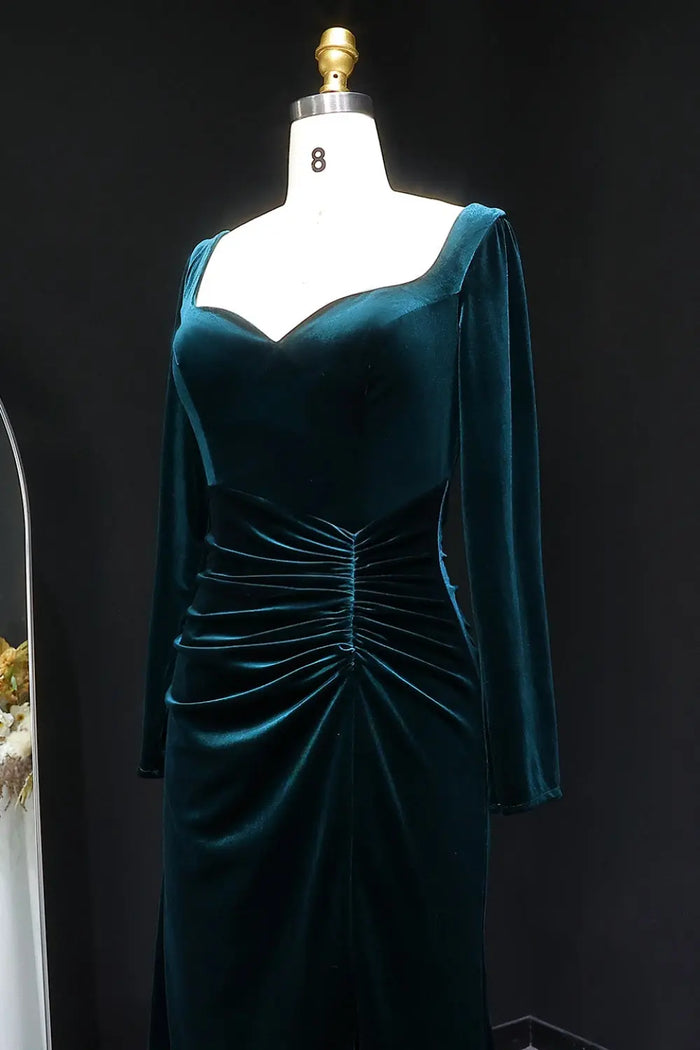 Emerald Green Velvet Sheath Evening Dress with Side Slit SF507 Sheer Fairy