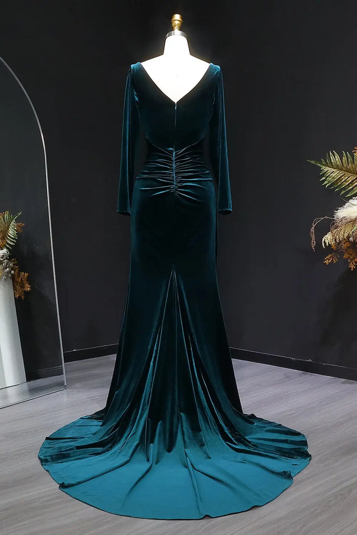 Emerald Green Velvet Sheath Evening Dress with Side Slit SF507 Sheer Fairy