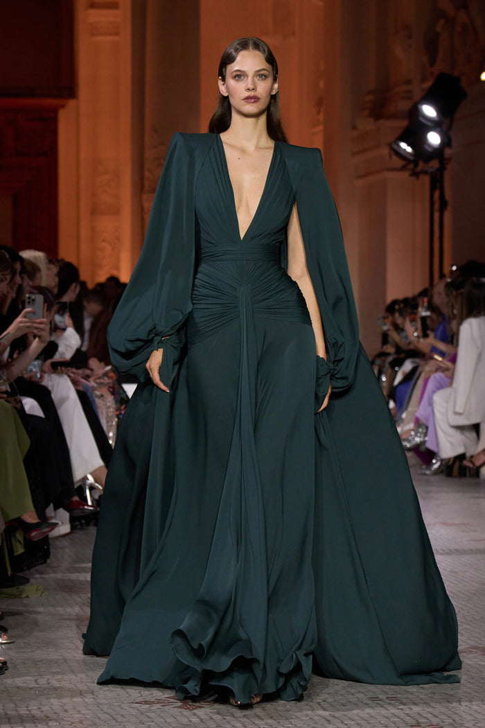Emerald Satin V-Neck Teal Evening Dress with Long Cape Sleeve SF146 Sheer Fairy