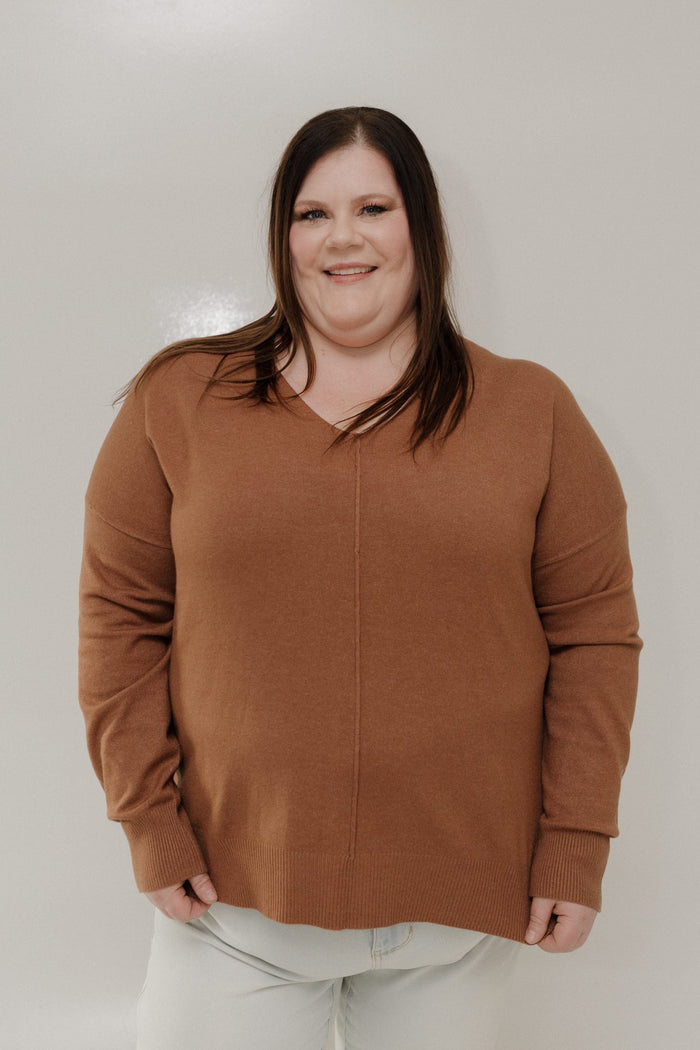 ESSENTIAL V - NECK FRONT SEAM SWEATER – URBAN BRONZE - Love Marlow