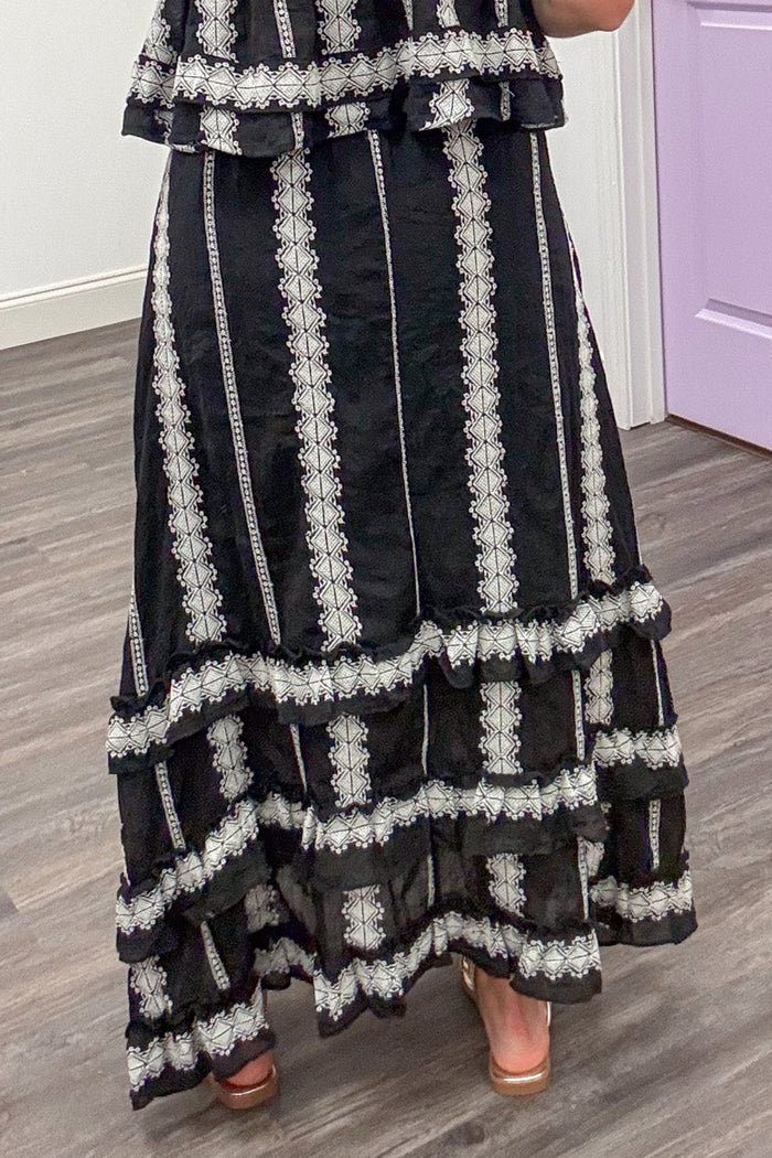 black with cream embroidered striped details ruffle tiered hem midi skirt