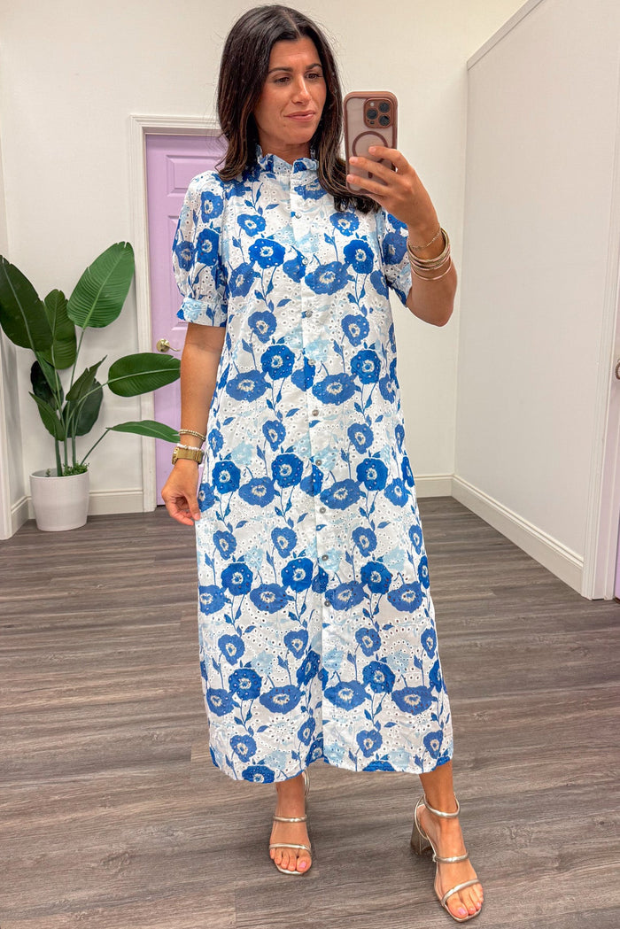 white and blue floral print button front eyelet midi dress