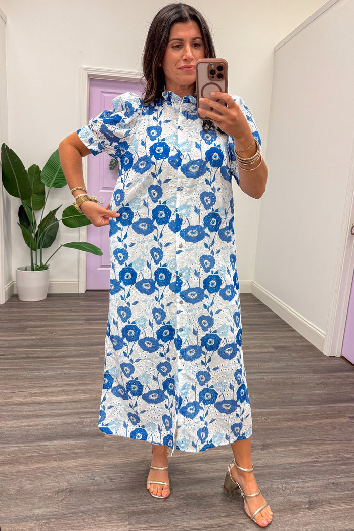 white and blue floral print button front relaxed silhouette eyelet midi dress