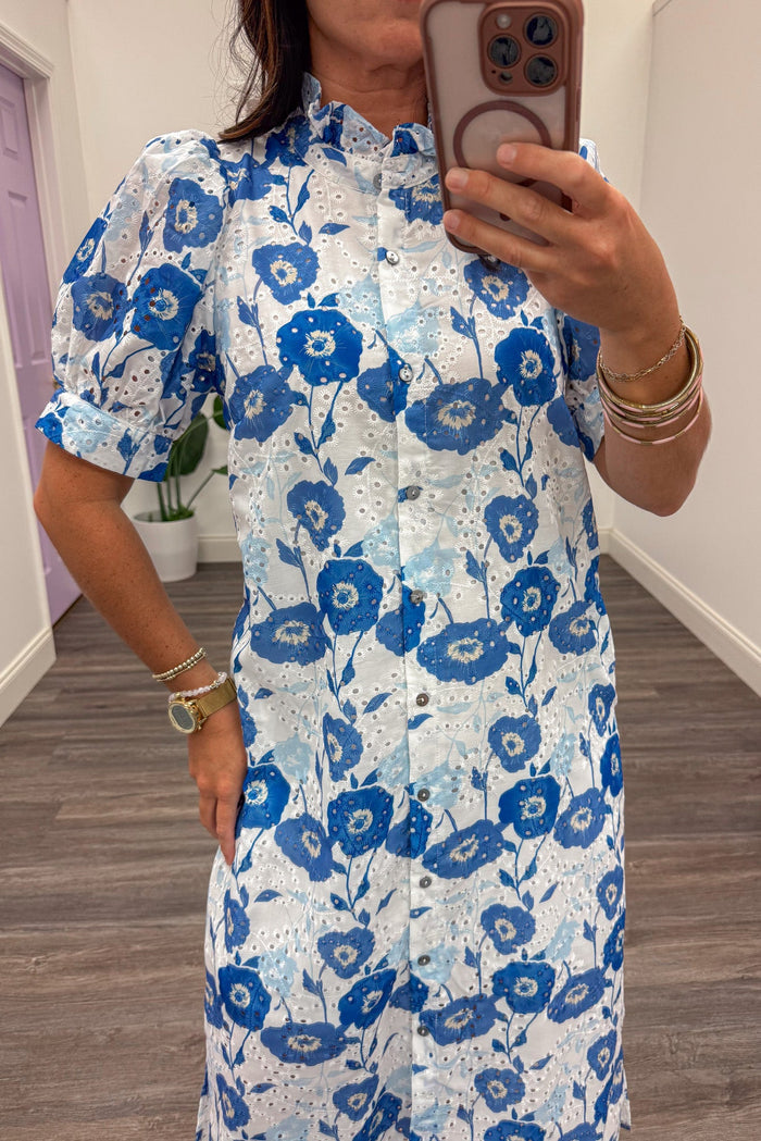 white and blue floral print button front ruffle trim mock neck eyelet midi dress