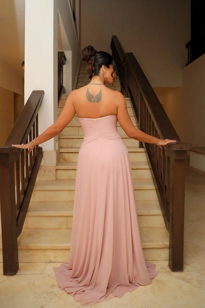 Formal Blush Pink Strapless Chiffon Evening Dress SF018 Sheer Fairy