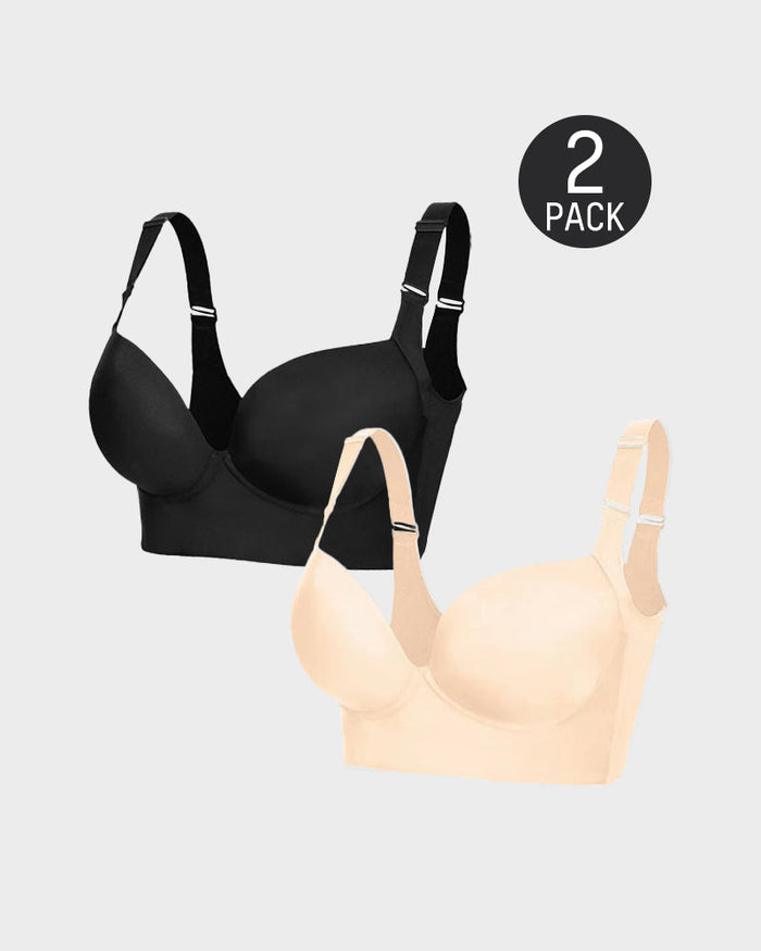 Full-Coverage Back Smoothing Bra - Black+Beige (2 PCS)