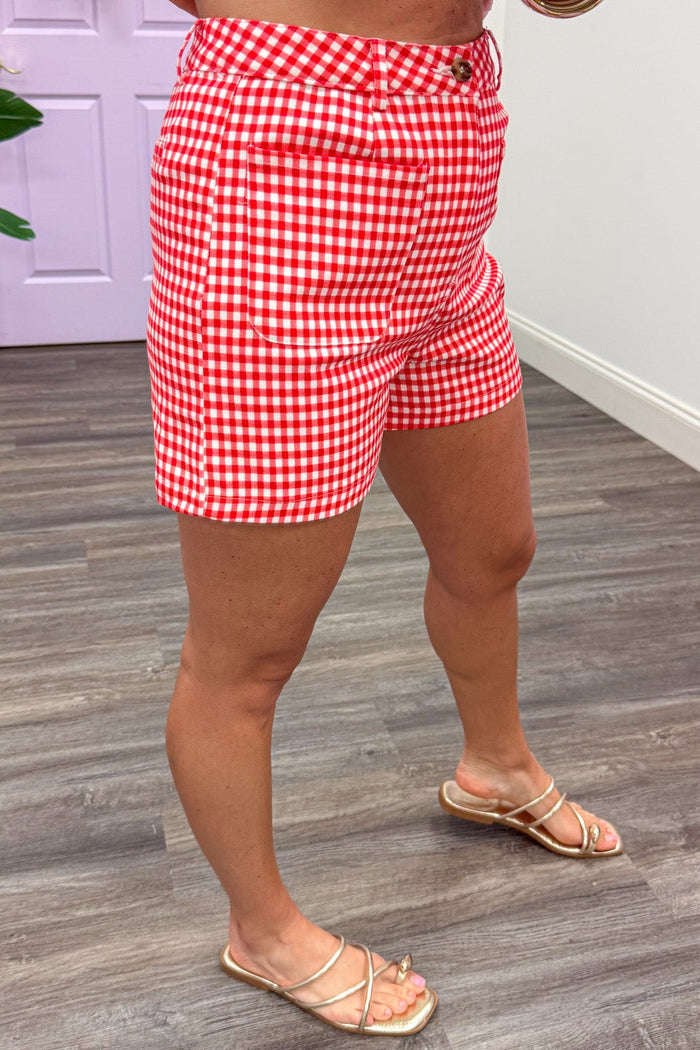 red and white gingham checkered print lightweight twill denim shorts