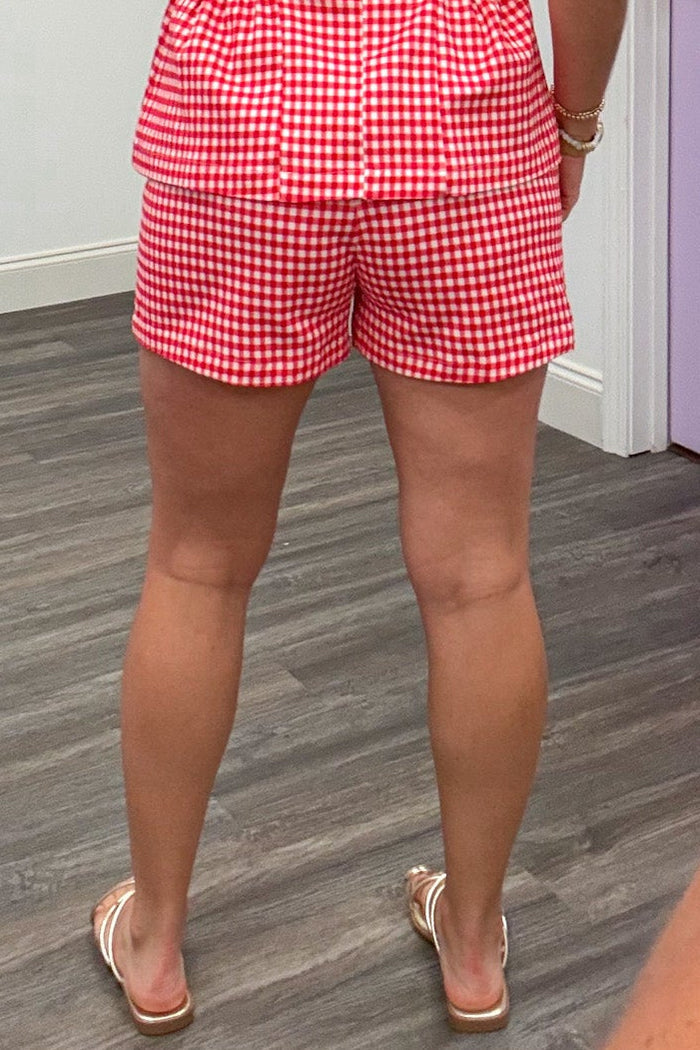 red and white gingham checkered print faux back pocket twill denim shorts