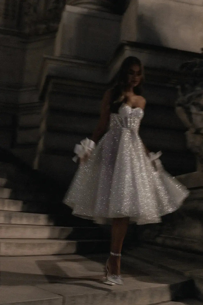 Glamorous Sequin Corset Mini Wedding Dress with Tulle Layers SW113 Sheer Fairy