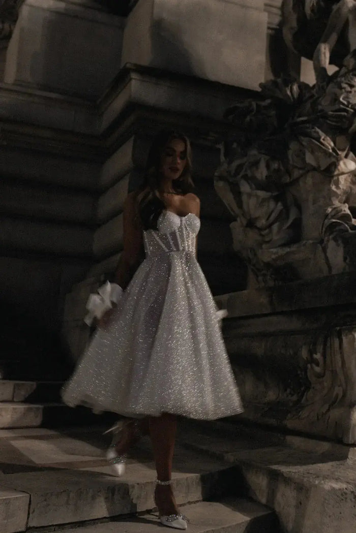 Glamorous Sequin Corset Mini Wedding Dress with Tulle Layers SW113 Sheer Fairy