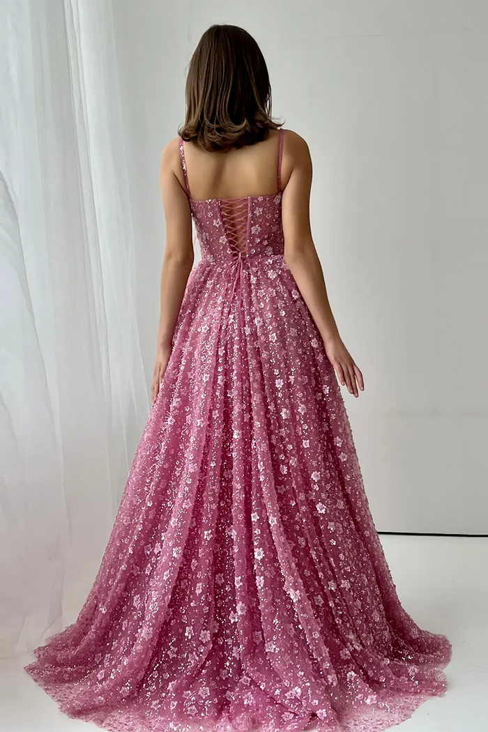 Gorgeous Floral Sequined Sweetheart Neckline A-Line Evening Dress SS701 Sheer Fairy