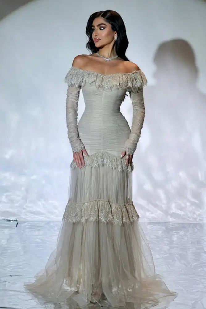 Gray Lace Off-the-Shoulder Mermaid Evening Dress SF457 Sheer Fairy