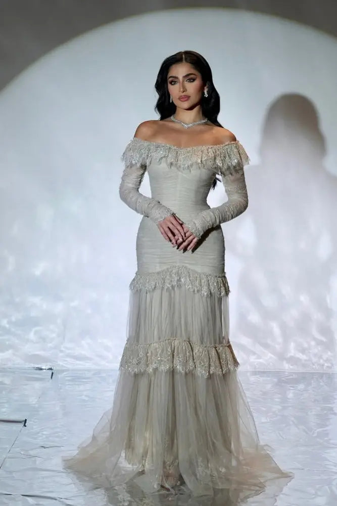 Gray Lace Off-the-Shoulder Mermaid Evening Dress SF457 Sheer Fairy