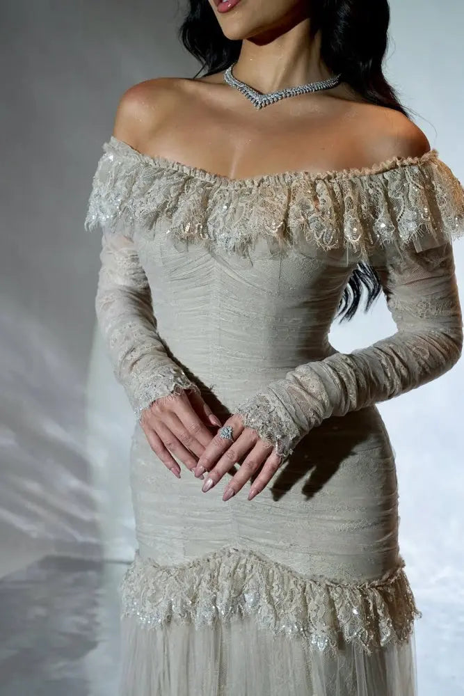 Gray Lace Off-the-Shoulder Mermaid Evening Dress SF457 Sheer Fairy