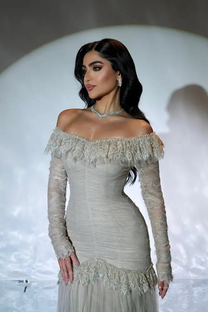 Gray Lace Off-the-Shoulder Mermaid Evening Dress SF457 Sheer Fairy