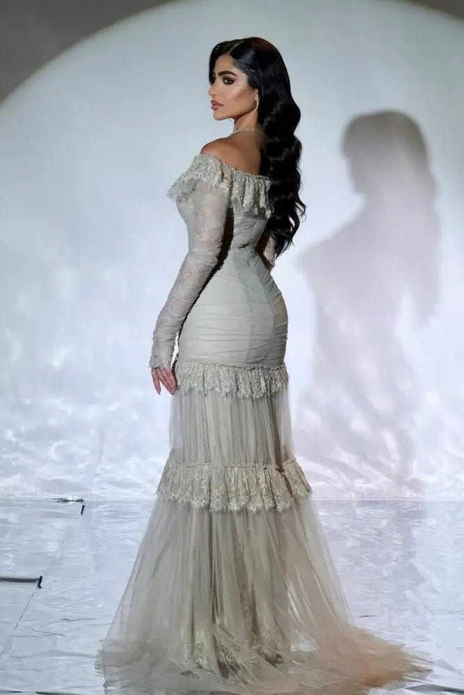 Gray Lace Off-the-Shoulder Mermaid Evening Dress SF457 Sheer Fairy