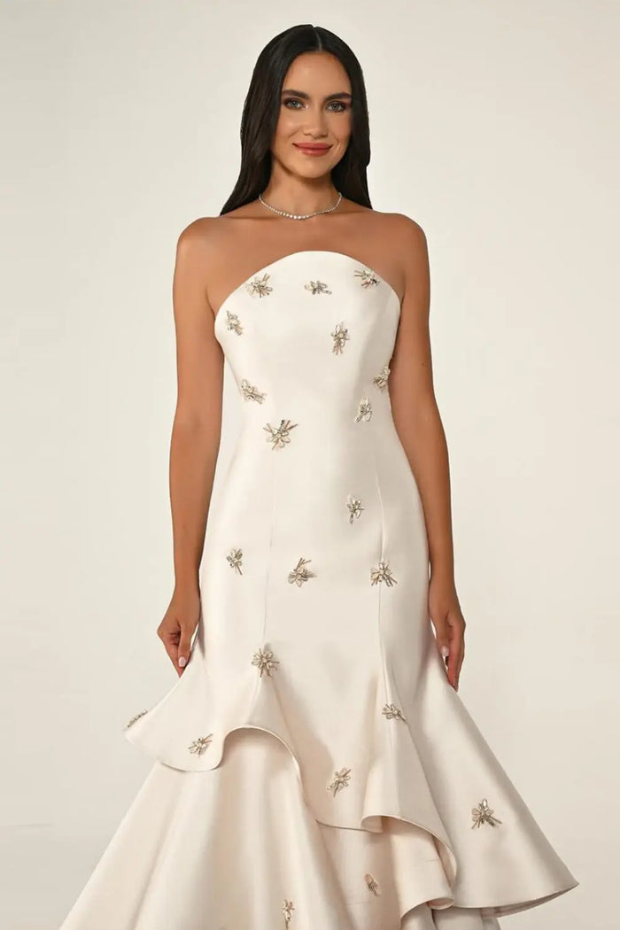 Ivory Satin Mermaid Evening Dress with Beaded Embroidery SF587 Sheer Fairy