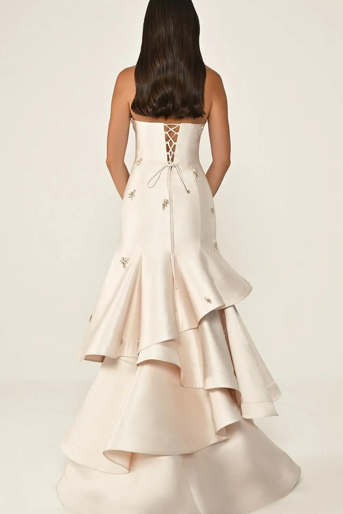 Ivory Satin Mermaid Evening Dress with Beaded Embroidery SF587 Sheer Fairy