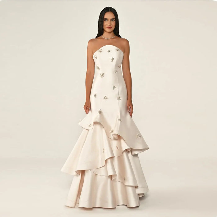 Ivory Satin Mermaid Evening Dress with Beaded Embroidery SF587 Sheer Fairy